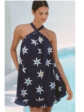 NWT Anthropologie Celandine Starfish Print Halter Swing Mini Dress Blue Medium